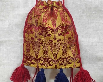 Pochette en pure soie, sac à main médiéval en soie avec glands ; pochette de reconstitution historique ; porte-monnaie à cordon coulissant ; accessoires médiévaux; 14-15e siècles