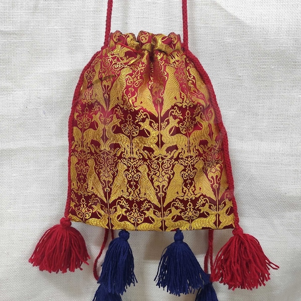 Pure silk pouch, Medieval silk purse with tassels; reenactment pouch; coin drawstring purse; medieval accessories; 14-15th centuries
