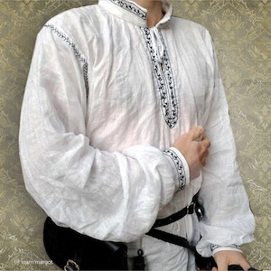 Renaissance embroidered cotton shirt, Elizabethan blackwork underclothing, 15th-17th centuries