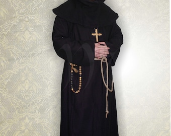 May include: A black hooded robe with a long, flowing design. The robe features a pointed hood and is accessorized with a wooden cross pendant and a beaded rosary. A rope belt hangs from the waist.