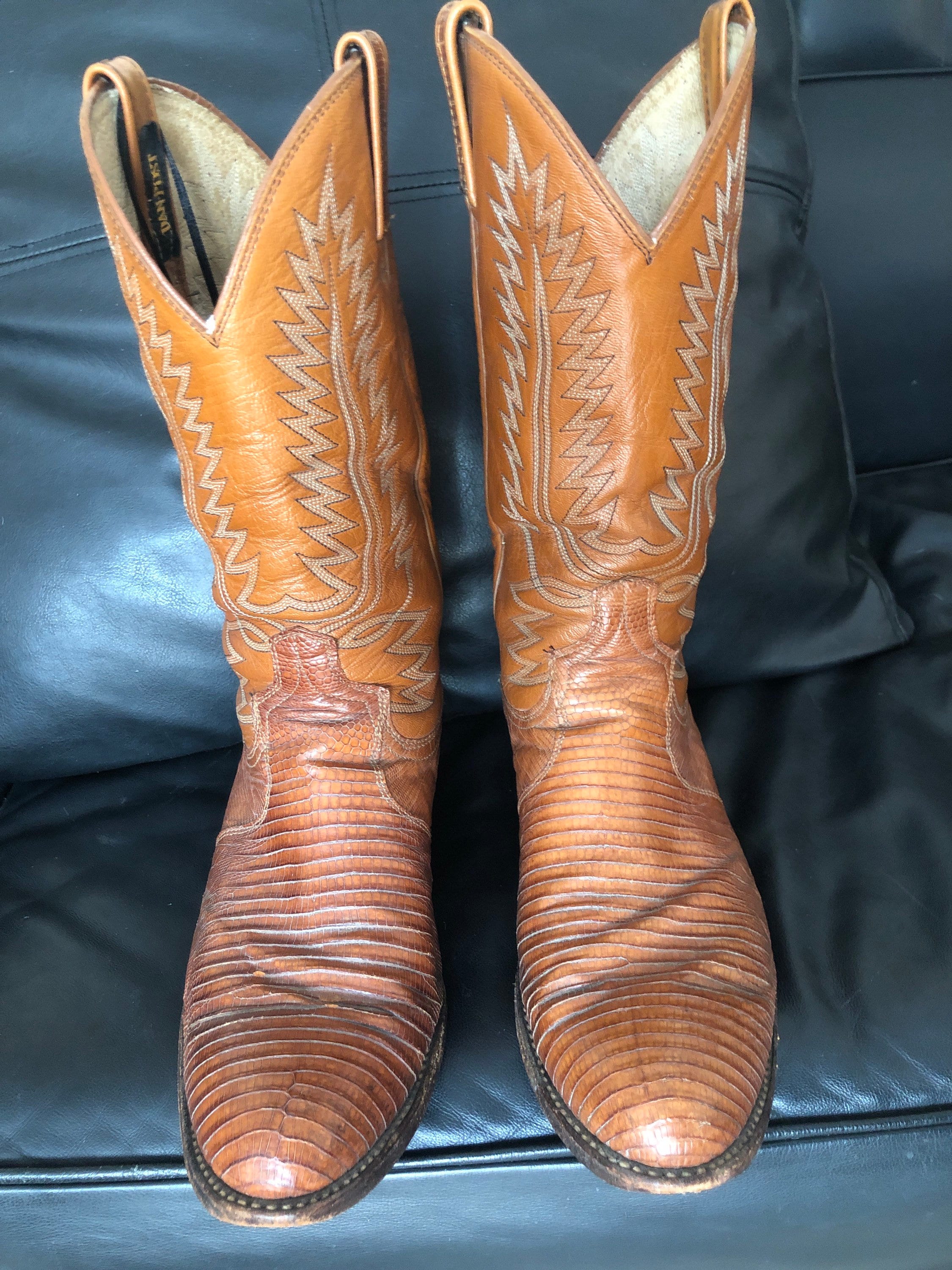 Bottes De Cowboy Vintage Dan Post En Cuir Lézard Marron – Homme – Taille 10 D – Bout Rond – Confortables