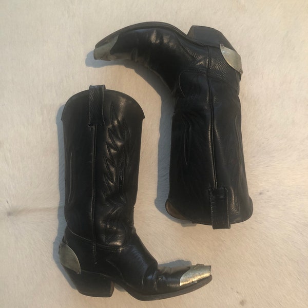 1980’s leather cowboy boots with silver heel and toe caps