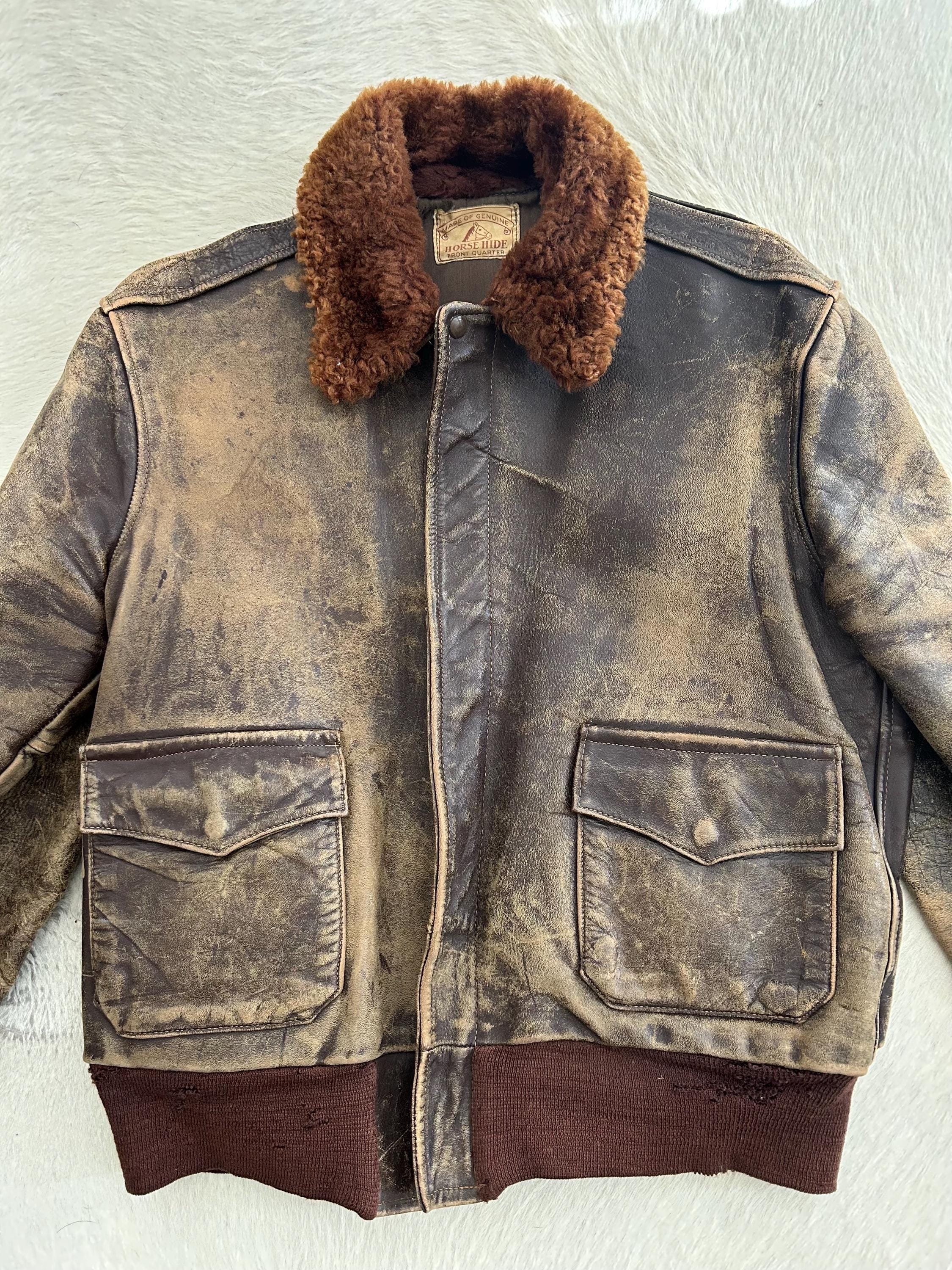Vintage A2 Style Horsehide Leather Jacket, Patina, Talon Zip