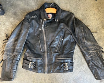 Vtg 60s 70s Champion Rivetts Distressed Black Leather Fringed