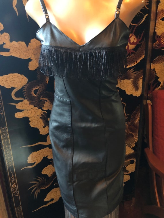 Black Leather Fully Lined Fringed Dress With Adjustable Straps. - Etsy