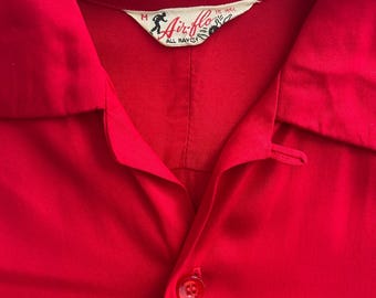 60-70s vintage 刺し子　50s rayon rockabilly Vintage 1950's Rayon Flocked Print Rockabilly Bowling Shirt Blouse