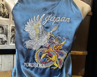 Giacca Sukajan vintage, bomber in raso con aquila e drago ricamati