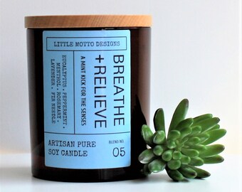 Artisan Soy Candle | BREATHE & RELIEVE | Amber Brights | Large Boxed Soy Candle | Peppermint | Eucalyptus