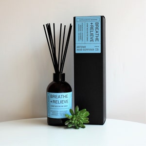 May include: A dark brown glass bottle with black reeds, part of an artisan reed diffuser. The bottle has a blue label with the text "Breathe + Relieve". A black box and a small green succulent are next to the bottle. The label lists ingredients: eucalyptus, peppermint, menthol, rosemary, lavender, and fir needle.