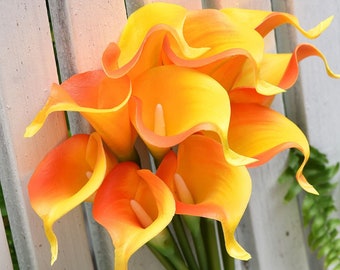 Handmade Sunset Orange Calla Lilies Bouquet, Real Touch Artificial Flowers, 10 Stems