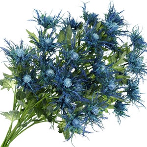 FiveSeasonStuff 8 Stems Real Size Artificial Thistle Spray Real Touch Eryngium(Sea Holly)- Big Blue 66cm