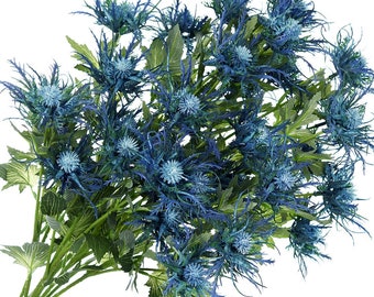 FiveSeasonStuff 8 Stems Real Size Artificial Thistle Spray Real Touch Eryngium(Sea Holly)- Big Blue 66cm