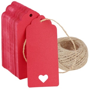 100 Stück braune Kraftpapier-Blanko-Anhänger mit Juteschnurkugel (Jakobsmuschel rechteckig mit Herz)