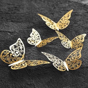 FiveSeasonStuff 24pcs 3D Champagne Gold|Silver|Rose Gold Mirror Hollow Butterfly Wall Stickers Style 3