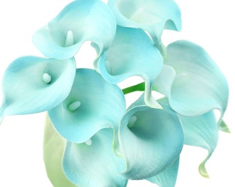 FiveSeasonStuff 10 Stems Real Touch (Aqua Blue) Calla Lilies Artificial Flower Bouquet, Wedding, Bridal, Party, Home Office Décor DIY