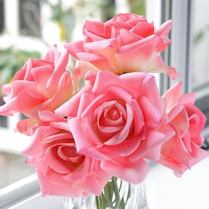 FiveSeasonStuff Watermelon Pink Real Touch Garden Rose Artificial Flowers Wedding, Bridal, Home Décor 5 Stems  9.8&quot;