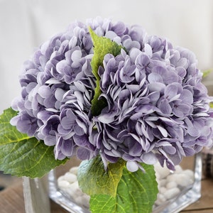 FiveSeasonStuff Real Touch Petals and Leaves Artificial Hydrangea Flowers Long Stem Floral Arrangement | 2 Stems (Faded Purple)