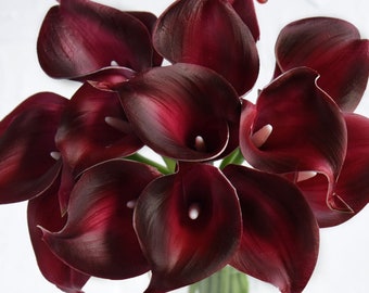 FiveSeasonStuff 10 Steli Real Touch (rosso scuro) Calla Lilies Bouquet di fiori artificiali, matrimonio, sposa, festa, home office decoro fai da te