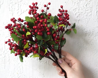 Versatile Artificial Holly Red Berry Stems: Set of 10 for Stunning Decor - FiveSeasonStuff Floral