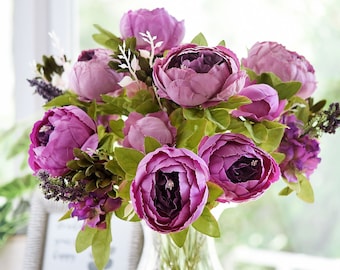 FiveSeasonStuff Purple Silk Peonies Artificial Flower Bouquet