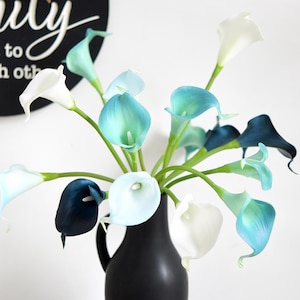 FiveSeasonStuff 15 Stems Real Touch (Posh Blue Mix) Calla Lilies Artificial Flower Bouquet, Wedding, Bridal, Party, Home Décor DIY