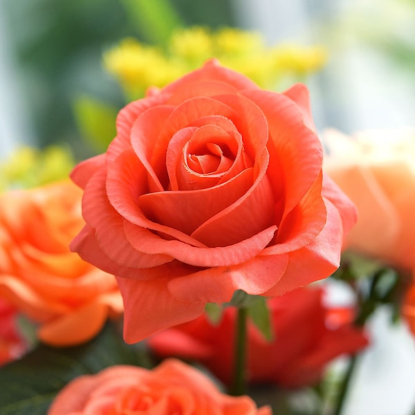 Sunset Orange Real Touch Roses Silk Artificial Flowers ‘Petals Feel and Look like Fresh Roses' (10 Stems) FiveSeasonStuff Floral