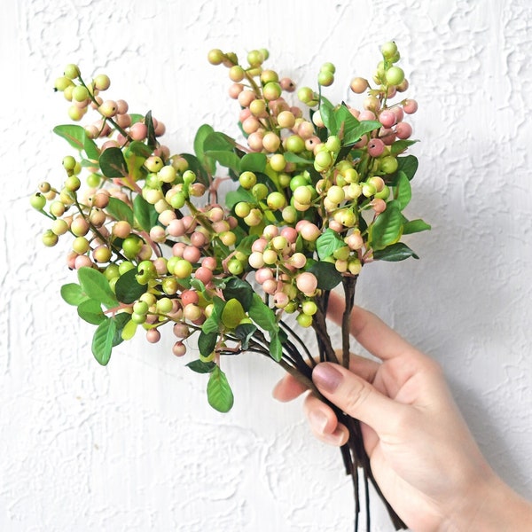 Versatile Artificial Holly White Green and Pink Berry Stems: Set of 10 for Stunning Decor - FiveSeasonStuff Floral