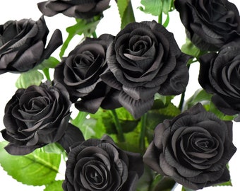 Black Real Touch Roses Silk Artificial Flowers ‘Petals Feel and Look like Fresh Roses' 10 Stems - FiveSeasonStuff Floral