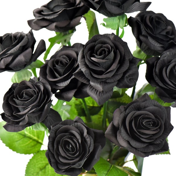 Black Real Touch Roses Silk Artificial Flowers ‘Petals Feel and Look like Fresh Roses' 10 Stems - FiveSeasonStuff Floral