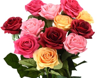 Gracious Medley Mix Real Touch Roses Silk Artificial Flowers ‘Petals Feel and Look like Fresh Roses' 12 Stems - FiveSeasonStuff Floral