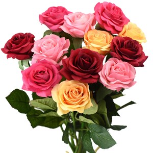 Gracious Medley Mix Real Touch Roses Silk Artificial Flowers ‘Petals Feel and Look like Fresh Roses' 12 Stems - FiveSeasonStuff Floral