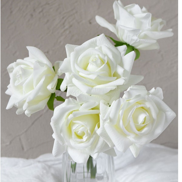 FiveSeasonStuff Cream White Real Touch Garden Rose Artificial Flowers Wedding, Bridal, Home Décor 5 Stems  9.8"