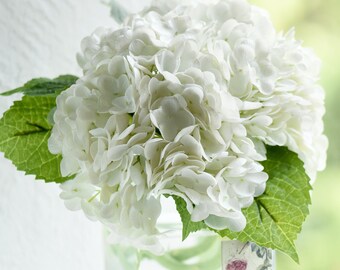 FiveSeasonStuff Real Touch Petals and Leaves Artificial Hydrangea Flowers Long Stem Flower Arrangement | 2 Stems (White)