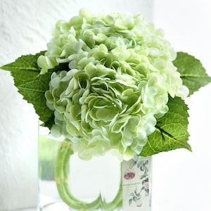 FiveSeasonStuff Real Touch Petals and Leaves Artificial Hydrangea Flowers Long Stem Floral Arrangement | 2 Stems (Pale Green)