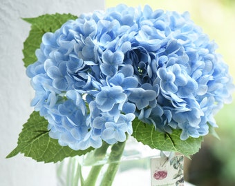 FiveSeasonStuff Real Touch Petals and Leaves Artificial Hydrangea Flowers Long Stem Floral Arrangement | 2 Stems (Blue)