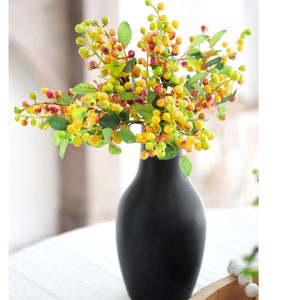 May include: A black vase filled with a bouquet of artificial berry sprigs. The berries are yellow, green, and red.