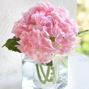 FiveSeasonStuff Real Touch Petals and Leaves Artificial Hydrangea Flowers Long Stem Floral Arrangement | 2 Stems (Pink)