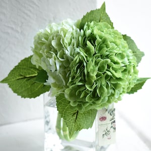 FiveSeasonStuff Real Touch Petals and Leaves Artificial Hydrangea Flowers Long Stem Floral Arrangement | 2 Stems (Pale Green and Green)