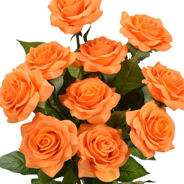 Orange Real Touch Roses Silk Artificial Flowers ‘Petals Feel and Look like Fresh Roses' 10 Stems - FiveSeasonStuff Floral