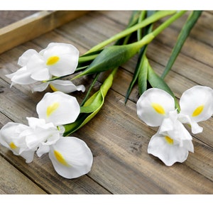 May include: A bouquet of white irises with yellow centers. The flowers are arranged on a wooden surface.
