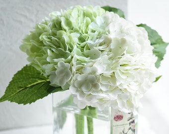 FiveSeasonStuff Real Touch Petals and Leaves Artificial Hydrangea Flowers Long Stem Floral Arrangement | 2 Stems (White and Pale Green)