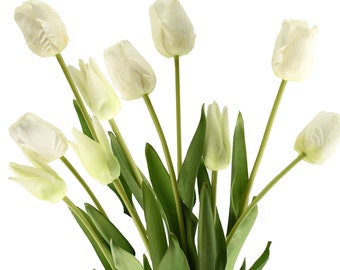 FiveSeasonStuff 10 Tiges de (Blanc) Tige Douce et Longue Real Touch Tulipe Fleurs Artificielles Bouquet, Mariage, Nudal, Décoration Intérieure