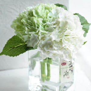 FiveSeasonStuff Real Touch Petals and Leaves Artificial Hydrangea Flowers Long Stem Floral Arrangement | 2 Stems (White and Pale Green)