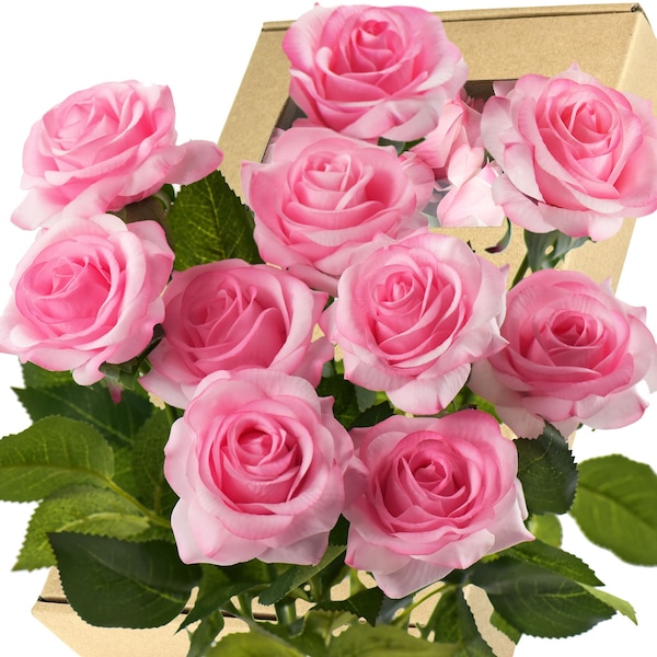 Pink Swirl Real Touch Roses Silk Artificial Flowers ‘Petals Feel and Look like Fresh Roses' (10 Stems) FiveSeasonStuff Floral