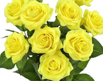 Yellow Real Touch Roses Silk Artificial Flowers ‘Petals Feel and Look like Fresh Roses' 10 Stems - FiveSeasonStuff Floral