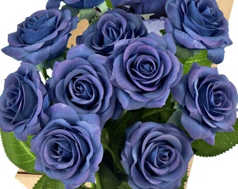 Blueberry Blue Real Touch Roses Silk Artificial Flowers ‘Petals Feel and Look like Fresh Roses' (10 Stems) FiveSeasonStuff Floral