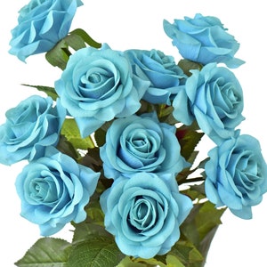 Dark Turquoise Blue Real Touch Roses Silk Artificial Flowers ‘Petals Feel and Look like Fresh Roses' 10 Stems - FiveSeasonStuff Floral