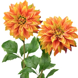 FiveSeasonStuff Flores artificiales Dalia Flores de seda para exteriores interiores y jarrones altos (ámbar amarillo otoño naranja) 2 tallos