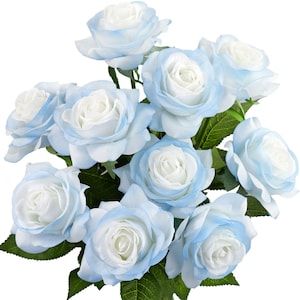 Artic Blue Real Touch Roses Silk Artificial Flowers ‘Petals Feel and Look like Fresh Roses&#39; (10 Stems) FiveSeasonStuff Floral