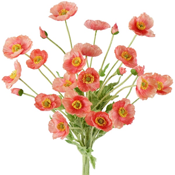 FiveSeasonStuff Silk Poppies Artificial Flower Bouquet for Remembrance Home Wedding 23.6"/60cm 6 Stems (Coral Pink)